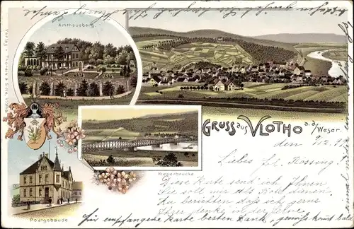 Litho Vlotho an der Weser, Amthausberg, Postgebäude, Weserbrücke