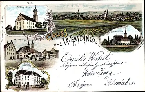 Litho Wemding in Schwaben, Kapuzinerkloster, Wallfahrtskirche, Marktplatz