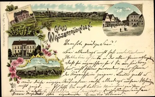 Litho Wassertrüdingen in Mittelfranken, Marktplatz, Rathaus, Totalansicht