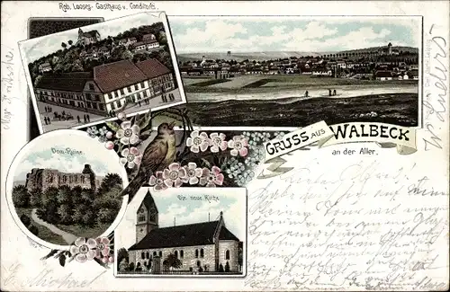 Litho Walbeck an der Aller Oebisfelde Weferlingen, Domruine, Kirche, Gasthaus und Konditorei