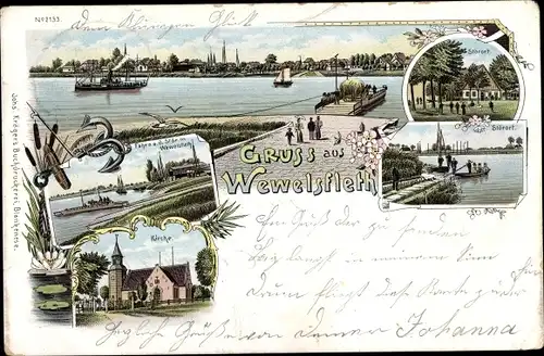 Litho Wewelsfleth in Schleswig Holstein, Kirche, Fähre, Blick auf den Ort