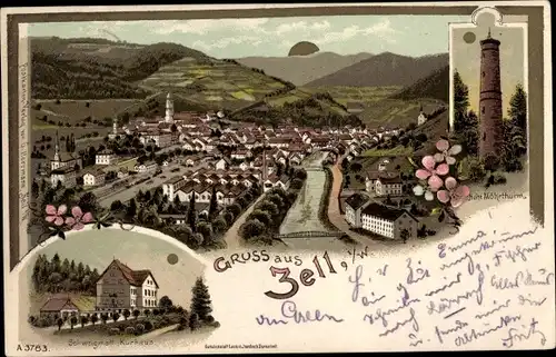 Mondschein Litho Zell im Wiesental Baden Württemberg, Hohe Möhrturm, Kurhaus Schweigmatt, Totale