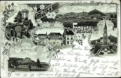 Litho Forbach Moselle Lothringen, Ruine, Spichernberg, Kirche, Marktplatz, Rathaus