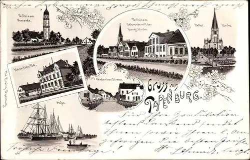 Litho Papenburg im Emsland, Kaiserliche Post, Hafen, Friederiken Str., Kirche