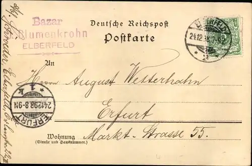 Litho Elberfeld Wuppertal, Rathaus, Bazar Blumenhkrohn, Denkmal Kaiser Wilhelm I