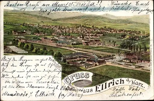 Litho Ellrich Harz Thüringen, Bahnhof, Panorama vom Ort