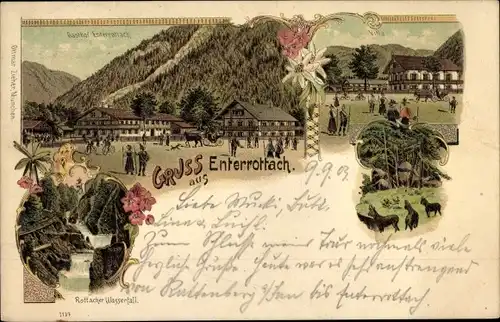 Litho Enterrottach Rottach Egern in Oberbayern, Gasthof, Villa, Rottacher Wasserfall