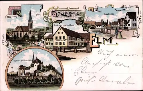 Litho Elm Schlüchtern im Main Kinzig Kreis, Kirche, Schloss Brandenstein, Gasthaus zum roten Löwen