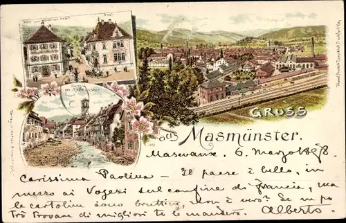 Litho Masevaux Masmünster Elsass Haut Rhin, Hotel zum goldenen Adler, Bahnhof, Gleisseite