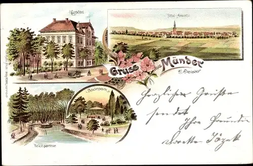 Litho Bad Münder am Deister, Kurhotel, Badepark, Teichpartie, Totalansicht