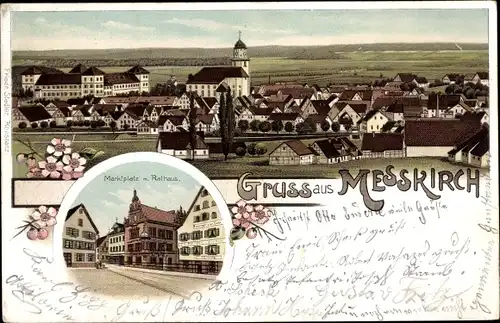 Litho Messkirch in der Schwäbischen Alb, Totalansicht der Ortschaft, Marktplatz, Rathaus