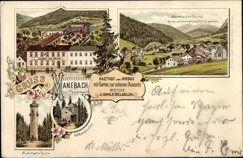 Litho Manebach Ilmenau in Thüringen, Göthehäuschen, Kickelhahnturm, Manebacher Grund