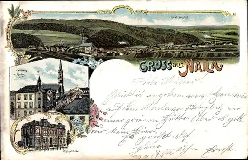 Litho Naila in Oberfranken, Rathaus, Kirche, Post, Totalansicht