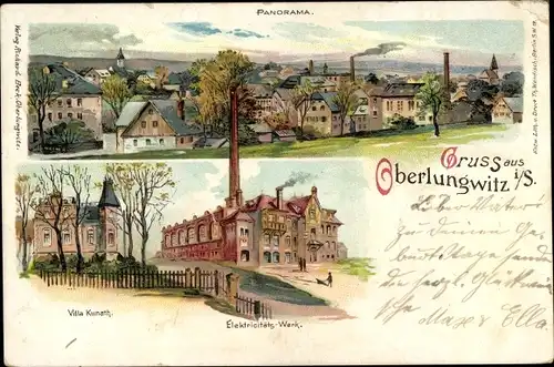 Litho Oberlungwitz in Sachsen, Villa Kunath, Elektrizitätswerk, Panorama