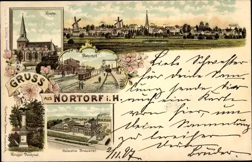 Litho Nortorf in Holstein, Kirche, Holsatin Brauerei, Bahnhof, Gleisseite, Totalansicht