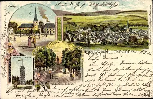 Litho Neuenrade im Sauerland, Aussichtsturm, Kirche, Wall, Totalansicht der Ortschaft