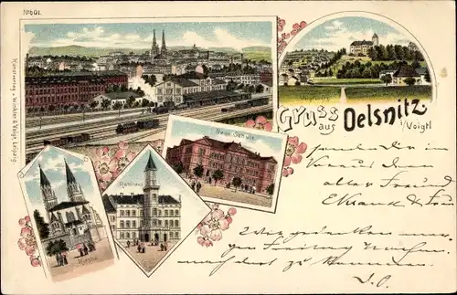 Litho Oelsnitz im Vogtland, Neue Schule, Rathaus, Bahnhof, Gleisseite, Kirche