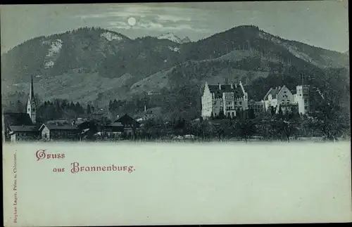 Mondschein Ak  Brannenburg in Oberbayern; Ortspanorama, Kirche