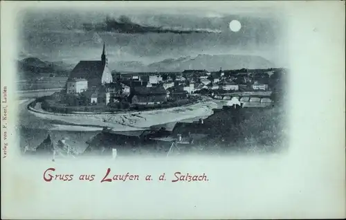 Mondschein Ak Laufen an der Salzach Oberbayern, Gesamtansicht, Kirche