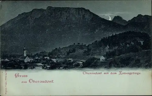 Mondschein Ak Oberaudorf in Oberbayern, Ortsansicht mit dem Kaisergebirge