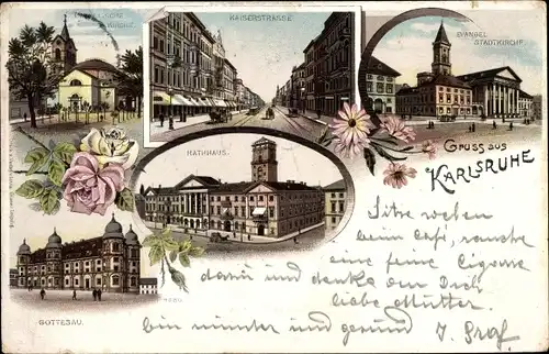 Litho Karlsruhe in Württemberg, Rathaus, Ev. Stadtkirche, Gottesau, Kaiserstraße
