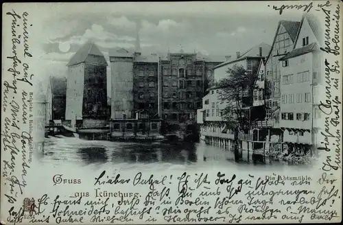 Mondschein Ak Lüneburg in Niedersachsen, Abtsmühle, Speicherhäuser