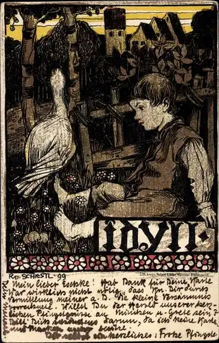 Künstler Litho Schiestl, Rudolf, Bruder von Matthäus, Idyll, Junge, Gans