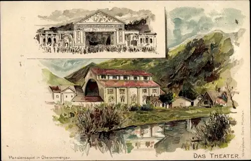 Litho Oberammergau in Oberbayern, Passionsspiel, Theater