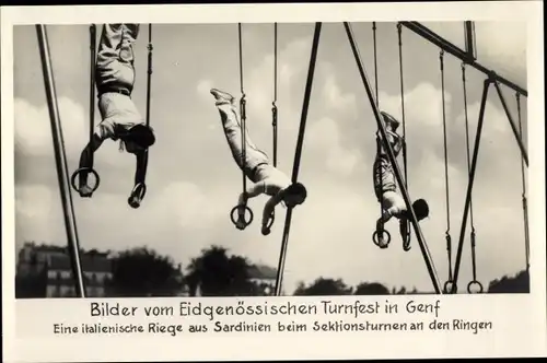 Foto Genève Genf Stadt, Eidgenössisches Turnfest, Italiener aus Sardinien an den Ringen