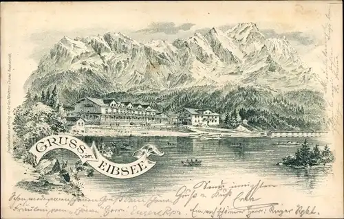 Litho Grainau in Oberbayern, Eibsee, Blick über den See