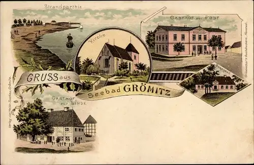 Litho Ostseebad Grömitz in Holstein, Gasthof zur Post, Kirche, Gasthof zur Linde
