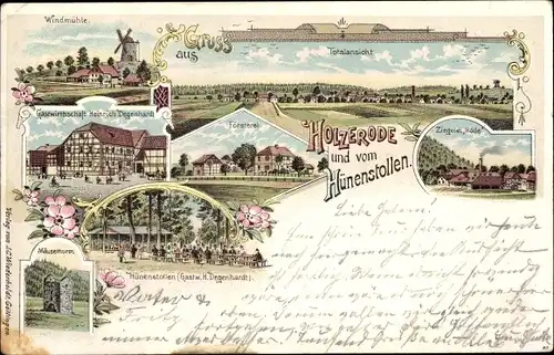 Litho Holzerode Ebergötzen in Niedersachsen, Ziegelei, Hünenstollen, Försterei, Windmühle, Mäuseturm