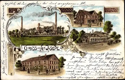 Litho Groß Ilsede in Niedersachsen, Bahnhof, Gleisseite, Kaufhaus, Hütte, Gasthof Mayerhoff