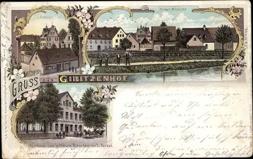 Litho Gibitzenhof Nürnberg in Mittelfranken Bayern, Schloss, Gasthaus zum goldnen Hirschen