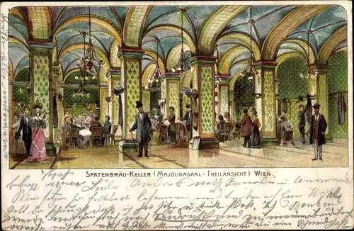Litho Wien 1. Innere Stadt Österreich, Spatenbräu Keller, Majolikasaal, Innenansicht