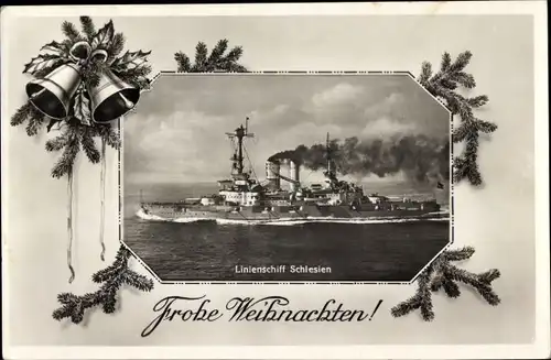 Passepartout Ak Glückwunsch Weihnachten, Deutsches Kriegsschiff, Schlesien, Linienschiff