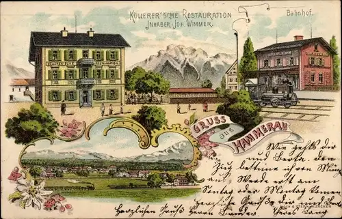 Litho Hammerau Ainring in Oberbayern, Köllerer'sche Restauration, Bahnhof, Gleisseite