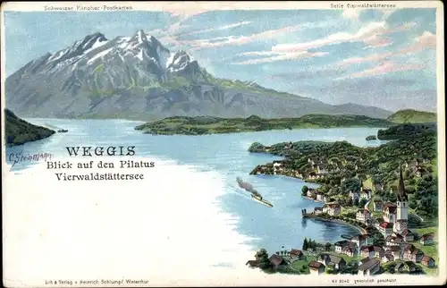 Künstler Litho Steinmann, C., Weggis Kt. Luzern Schweiz, Ort, Pilatus, Vierwaldstättersee