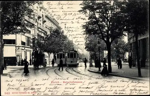 Ak Zürich Stadt Schweiz, Bahnhofstraße, Straßenbahnen