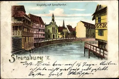 Litho Strasbourg Straßburg Elsass Bas Rhin, Zixplatz mit Zionskirche