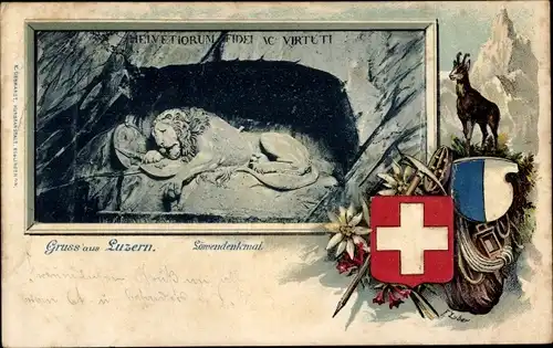 Wappen Ak Luzern Stadt Schweiz, Löwendenkmal, Bergziege