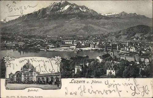 Ak Luzern Stadt Schweiz, Panorama vom Ort mit Pilatus, Bahnhof