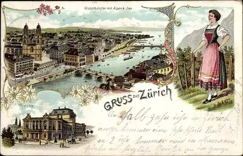 Litho Zürich Stadt Schweiz, Theater, Großmünster mit Alpen und See, Schweizerische Tracht