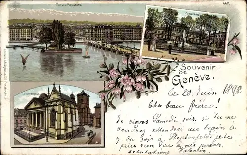 Litho Genève Genf Schweiz, L'Universite, La Cathedrale, Blick auf die Stadt