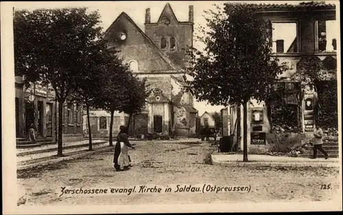 Ak Działdowo Soldau Ostpreußen, Zerschossene evangelische Kirche, 1. WK