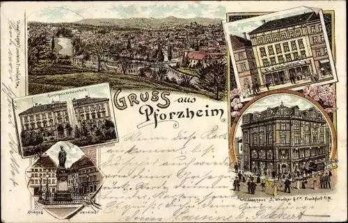 Litho Pforzheim im Schwarzwald, Warenhaus, Kunstgewerbeschule, Kriegerdenkmal