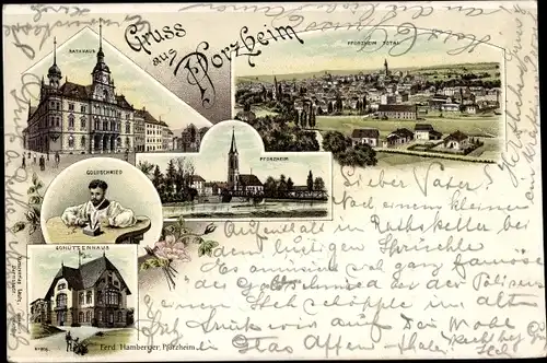 Litho Pforzheim im Schwarzwald, Rathaus, Goldschmied, Schützenhaus, Totalansicht