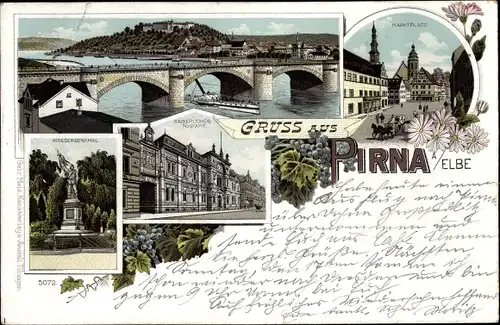 Litho Pirna in Sachsen, Brücke, Kriegerdenkmal, Postamt, Marktplatz