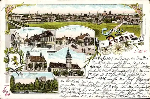 Litho Pegau in Sachsen, Königsplatz, Rathaus, Stadtkirche, Promenade, Blick auf den Ort