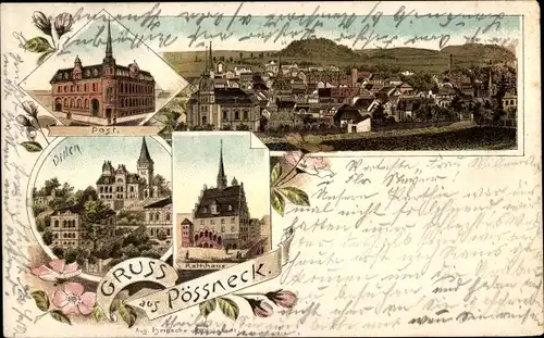 Litho Pößneck in Thüringen, Post, Rathaus, Totalansicht